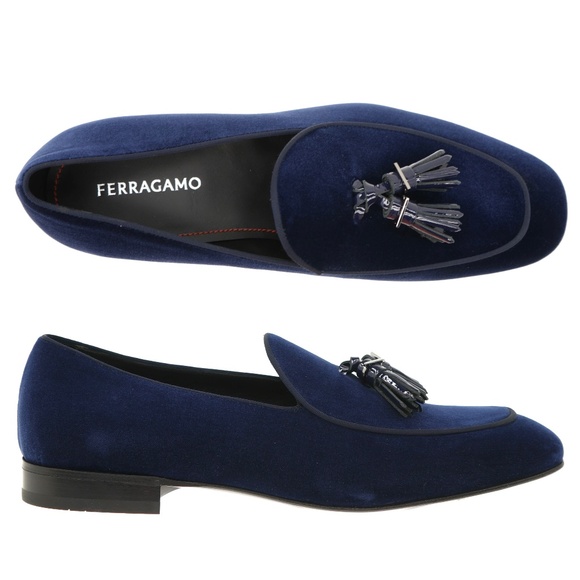 Salvatore Ferragamo Donovan Tassel Loafers Oxford Blue Velvet Fabric Size 9 New - Picture 1 of 6
